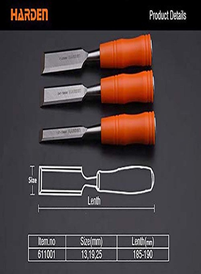 Harden 3Pcs (13mm, 19mm, 25mm) Durable Woodwork Wood Carving Chisel Set - CRV Steel, Sharp Edge; Ergonomic Handle - 611001 - Image 2